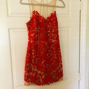 BEBE Burnt Orange/Nude Illusion Bodycon Dress